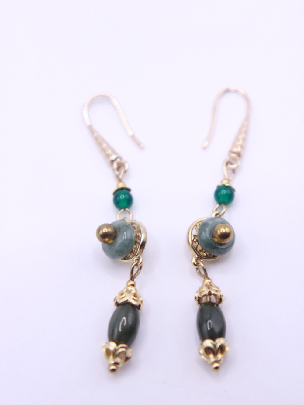 Gold Plated Green Bead Stone Drop Earrings